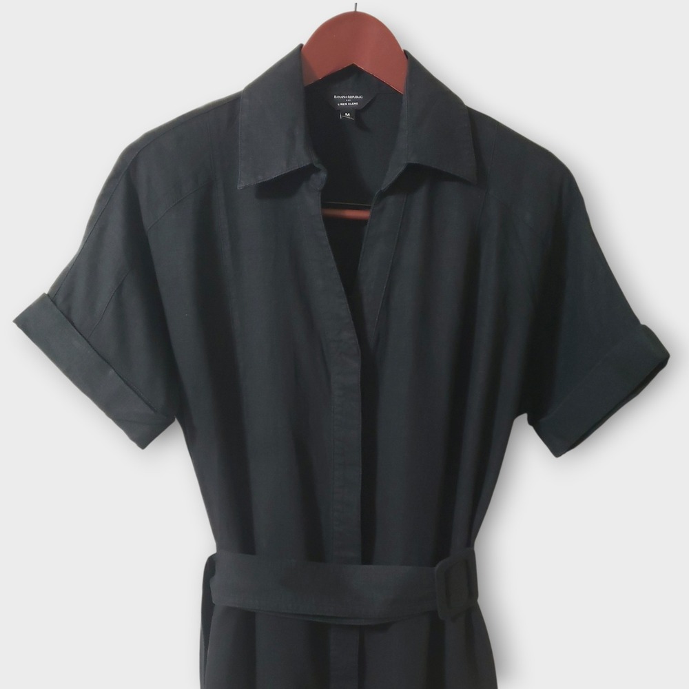 Banana Republic SS Drapey Linen Blend Belted Midi Shirt Dress Black M 451876-00 - Picture 2 of 11